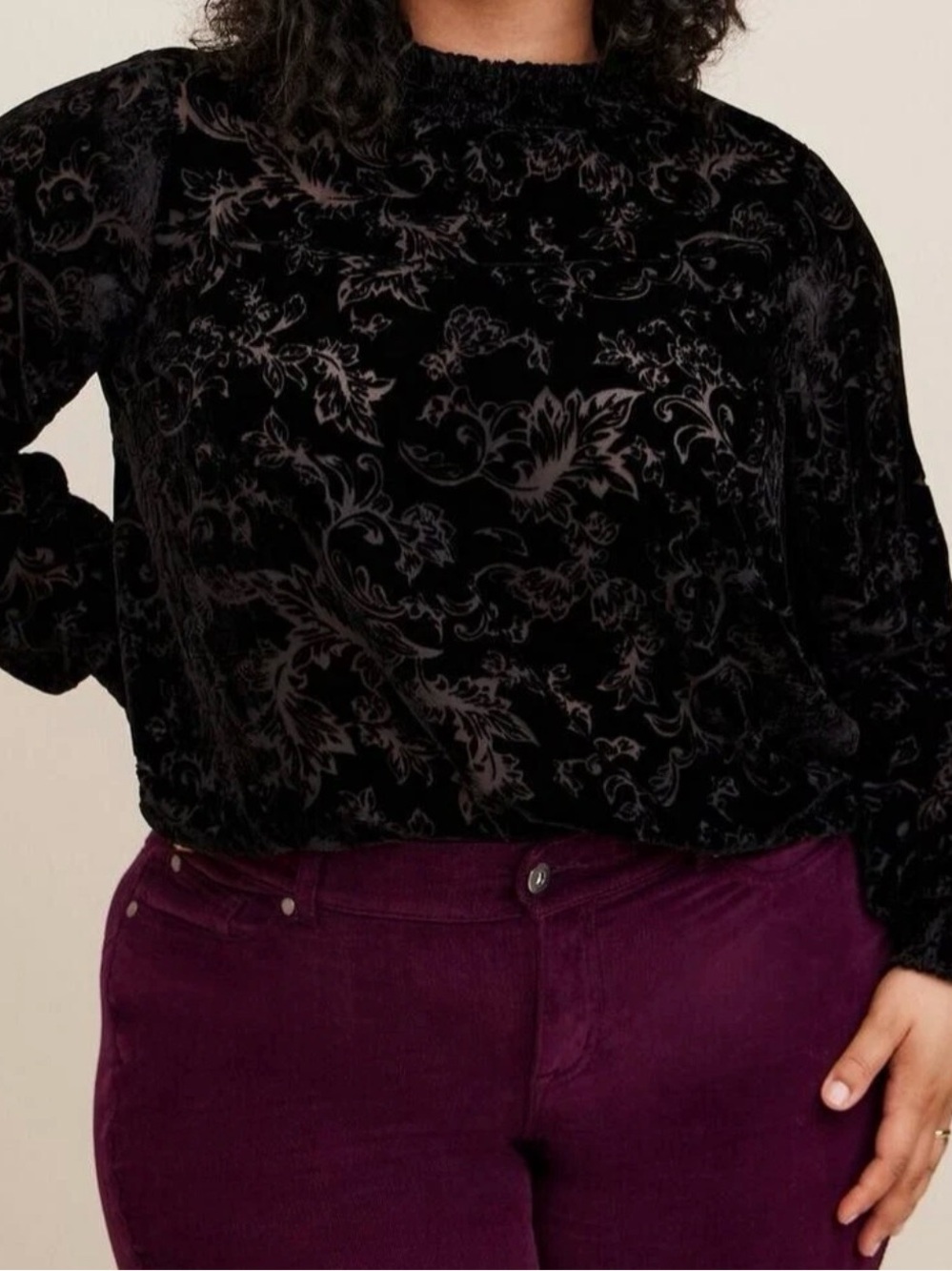 torrid Black Burnout Velvet Floral Smocked-Neck Top